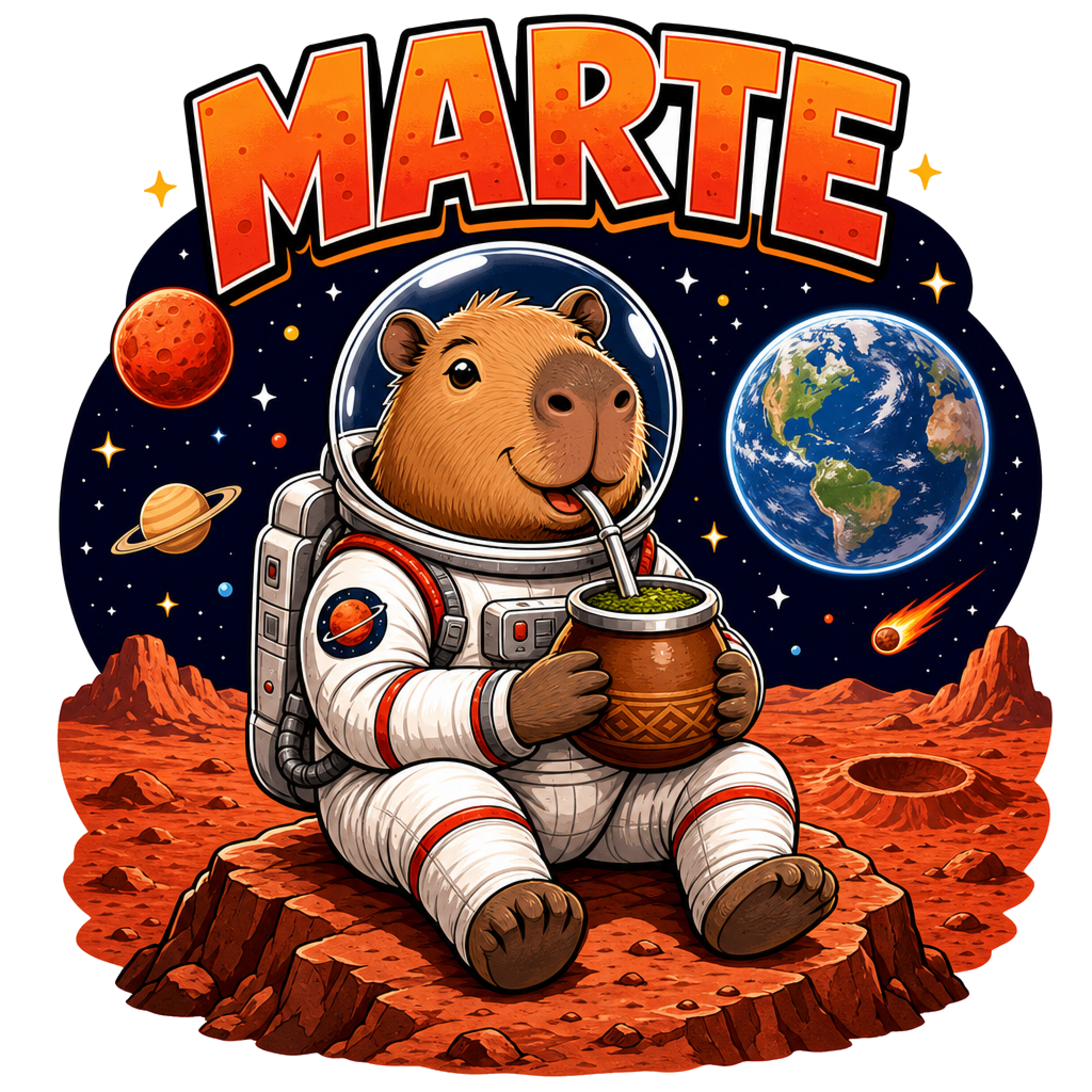 Propuesta de diseño de un carpincho astronauta tomando mate en Marte, generada con IA