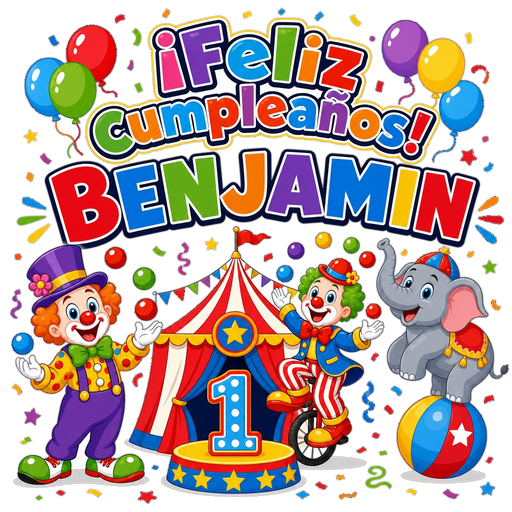 Propuesta de diseño de primer cumpleaños con payasos y circo para Benjamín, generada con IA